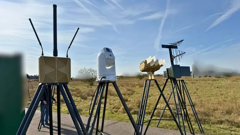Counter-UAS sensors, a camera turret and RF antennas on tripods at the edge of an airfield