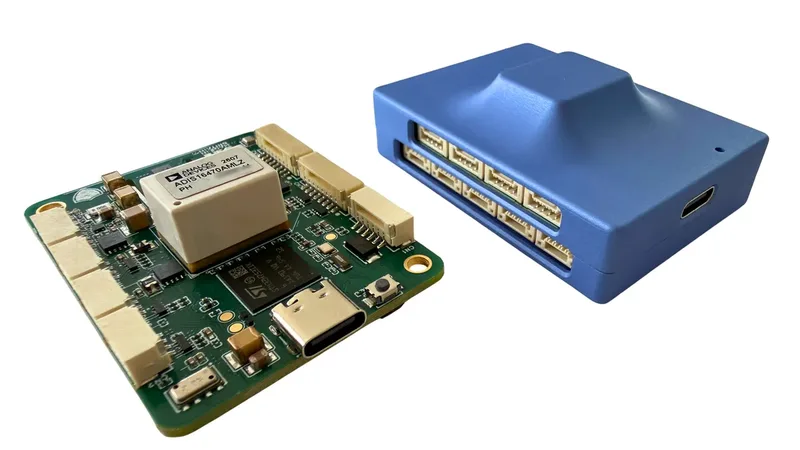 The Raptor Pilot Pro FC bare board with its ADIS16470 IMU module and USB-C port, next to the blue enclosure with its row of JST-GH connectors