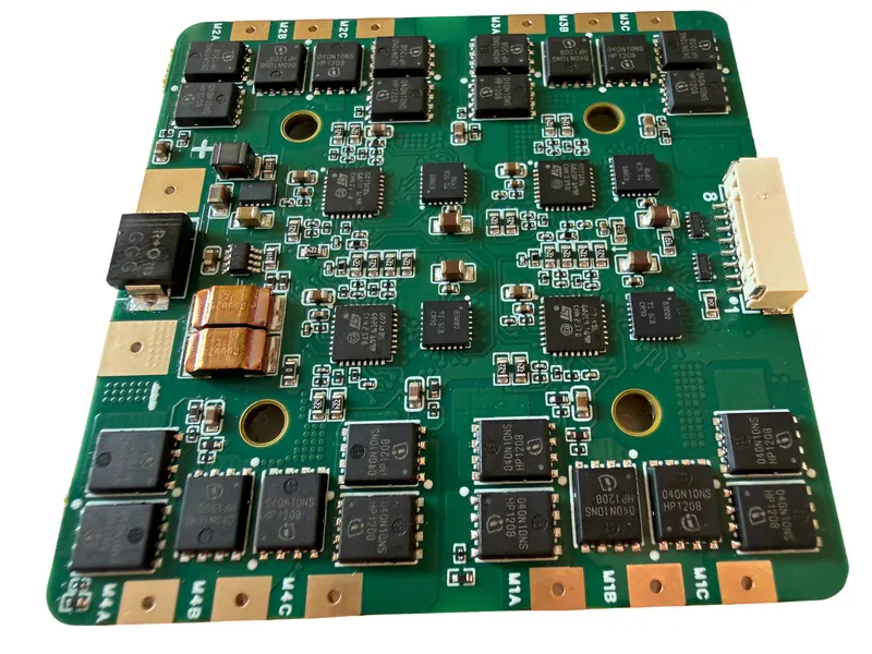 Our four-in-one ESC board from above: one processor and a set of MOSFETs for each of the four motors