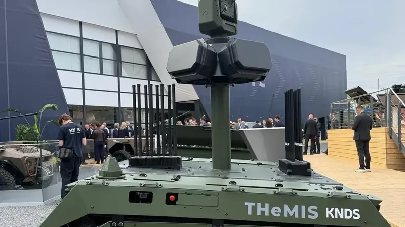 Tracked unmanned ground vehicle fitted with London Defence R&D RF effector antennas, on display at a defence exhibition